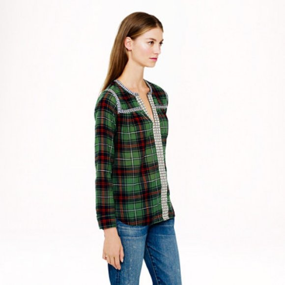 J. Crew 07599 Green Holiday Tartan Plaid Embroidered Popover V Neck Blouse 0 - Picture 3 of 14